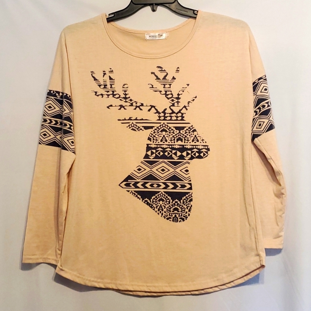 Moking Top reindeer longsleeve shirt peach beige blue design size L/XL
